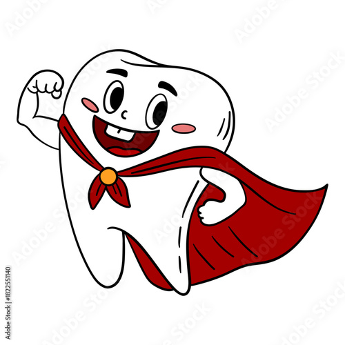 Hand-drawn illustration of strong superhero tooth character. Fun and educational design powerful tooth protecting against cavities and dental problems