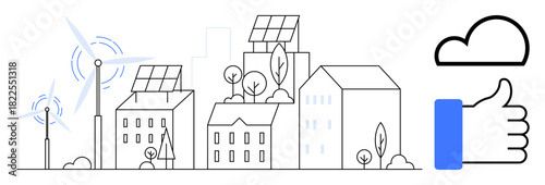 Renewable energy concept. Renewable energy with wind turbines, solar panels, and urban eco-friendly designs integrated into a sustainable city. Renewable energy for greener infrastructure