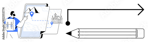 Traveler with backpack pointing to map locations, pencil and arrow symbolizing direction, navigation, and planning. Ideal for travel, exploration, navigation, journey planning, education creativity