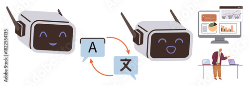 Smile-faced AI robots translating languages, connected dialog boxes, graphs on screen, and person explaining data. Ideal for language tech, AI, education, business, communication global reach