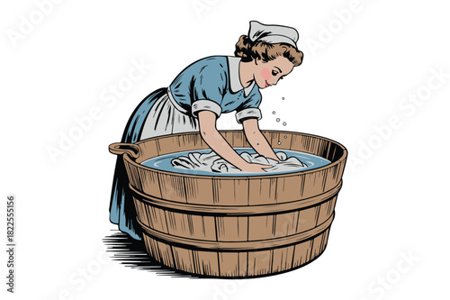 Victorian woman washing clothes in a wooden tub