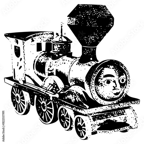 train travels railway tracks in vintage illustration