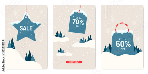Winter sale banners with snowy hanging tags, mountain landscapes and festive snowflakes. Perfect for seasonal promotions, holiday marketing, retail discounts, social media ads and winter shopping camp