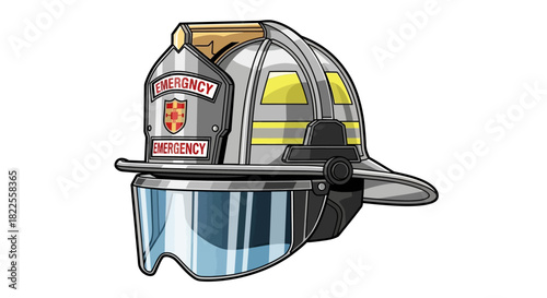 A detailed illustration of a shiny silver firefighter's helmet with a clear visor and emergency markings.