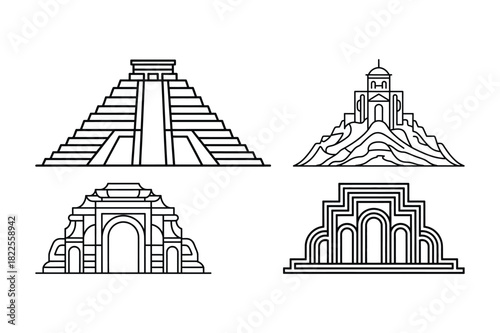 Four stylized ancient architectural structures in black and white line art