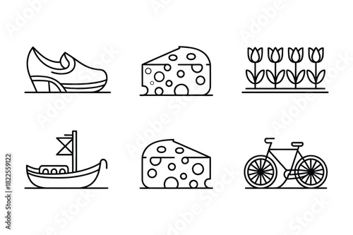 Iconic dutch symbols clogs cheese tulips boat and bicycle