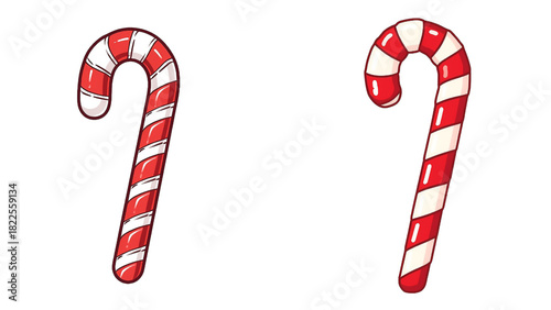 Striped Christmas Candy Cane in Cute Glossy Red and White Decorative Holiday Illustration Style isolated transparent background, editable vector artwork ai illustration file,
