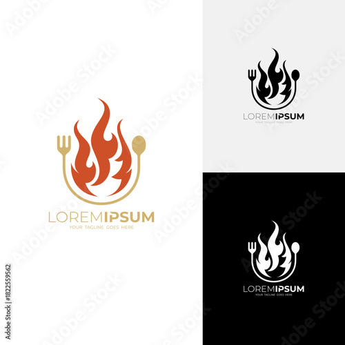Barbecue logo, fire logo and cutlery design combination, restaurant