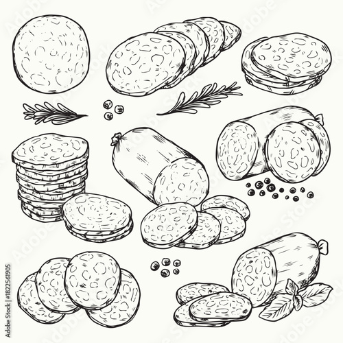 Hand drawn sliced smoke sausage salami outline drawing vector illustration