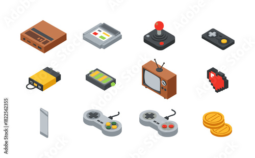 Retro gaming icons collection in isometric style featuring classic consoles and accessories