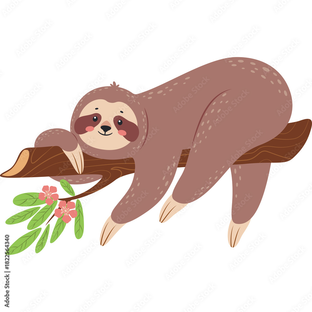 Obraz premium Brown Sloth Hanging From A Tree Branch With Pink Flowers And Green Leaves Against A Transparent Background