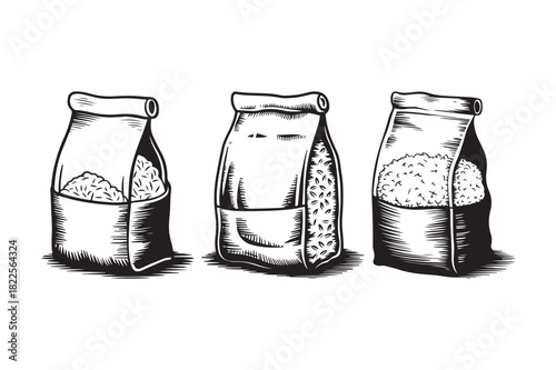 Three hand drawn bags of coffee beans in sketchy style