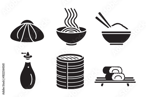 Collection of asian food icons including dumplings noodles and sushi