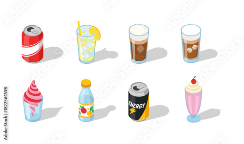 Isometric beverage collection: soda, juice, iced coffee, and more
