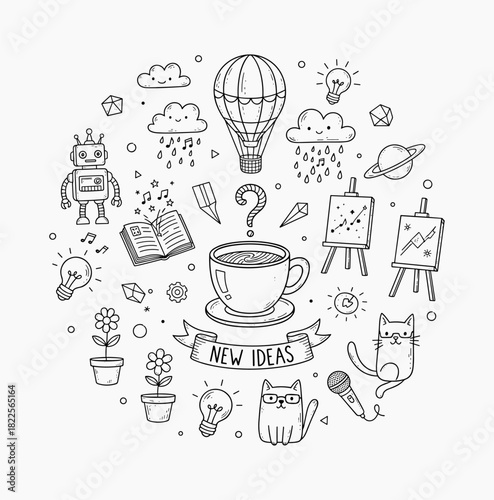 A collection of coffee and hobbies line art 