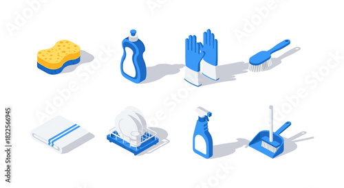 Household cleaning essentials in modern isometric design on a white background