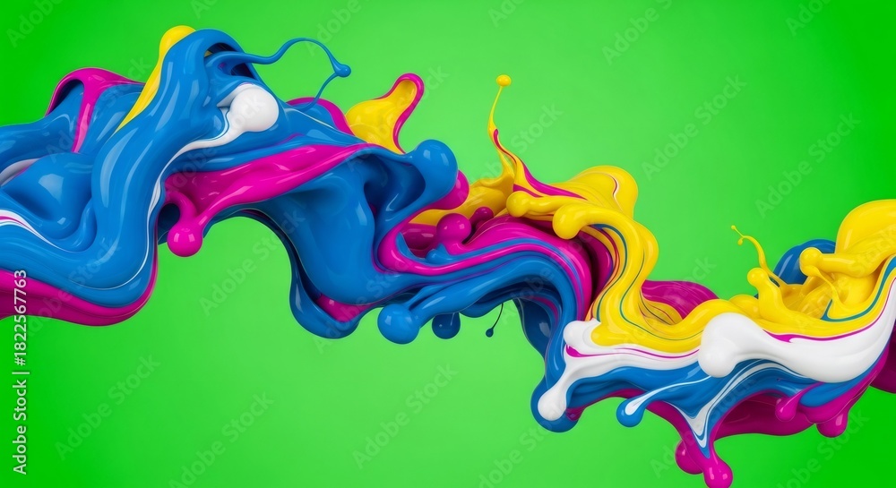 Fototapeta premium Abstract multicolored liquid splash and swirl on bright green chromakey background. Dynamic fluid art effect for video compositing.