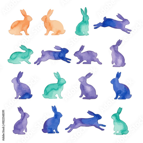 Big collection of watercolor rabbit silhouettes, transparent background SVG version.