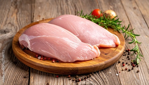 Fresh raw chicken breasts on a wooden plate, ready for preparation