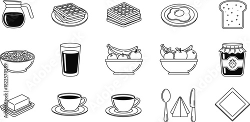 Breakfast Food Line Art Collection Waffles, Eggs, Cereal, Fruit & More