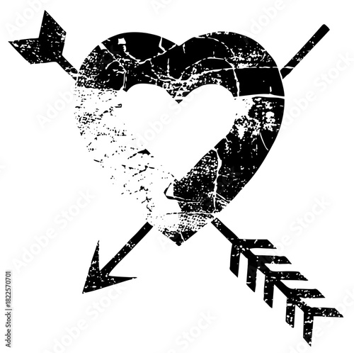 Heart pierced by arrow romance in distressed graphics