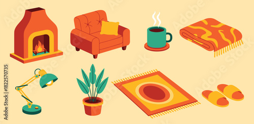 Cozy Home Interior Elements Fireplace, Armchair, Lamp, Plant, Rug, and More