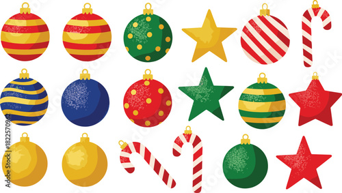 Charming collection of festive holiday decorations, including a variety of colorful baubles, sparkling star shapes, and whimsical striped candy canes, perfect for seasonal designs and celebrations