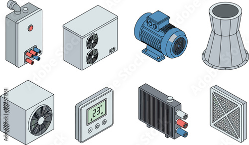 Isometric set of HVAC and industrial engineering components for building technology systems and climate control