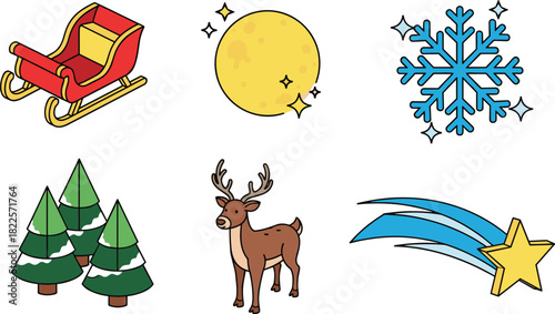 Festive Winter Icons Sleigh, Moon, Snowflake, Trees, Reindeer, Comet