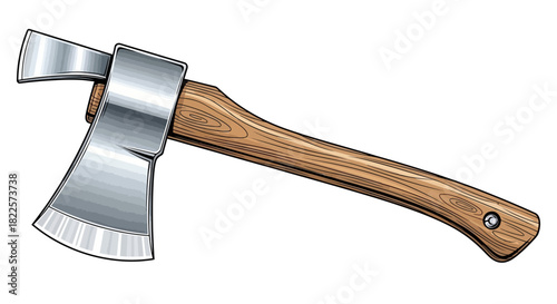 Illustration of a double-bladed axe with a wooden handle and a metallic head, isolated on a white background.