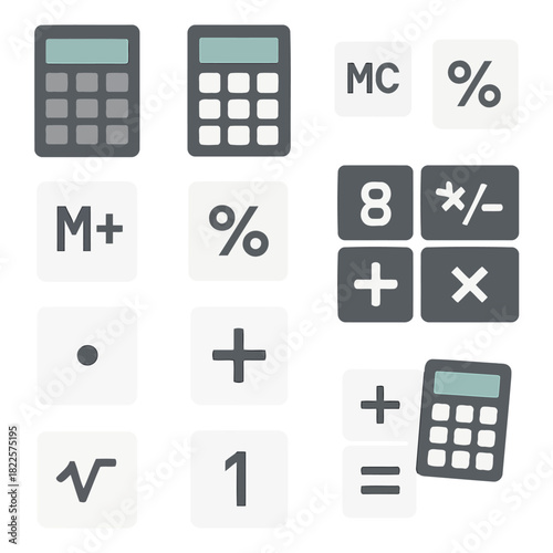Calculator and keypad icons: An image featuring a collection of calculator, keypads and functional button icons for mathematical computation and financial analysis.