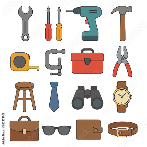 Tool Assortment: A diverse collection of tools is presented, a hammer, a drill, a wrench, a pair of pliers, a screwdriver, a tape measure, a clamp, a toolbox, a stool, a tie, binoculars, a watch.