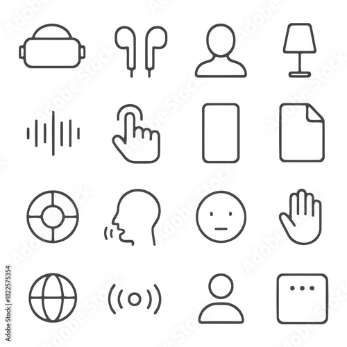 Collection of Icons: A minimalist arrangement of sleek, outlined icons encompasses modern technology, basic human interactions, and essential elements.
