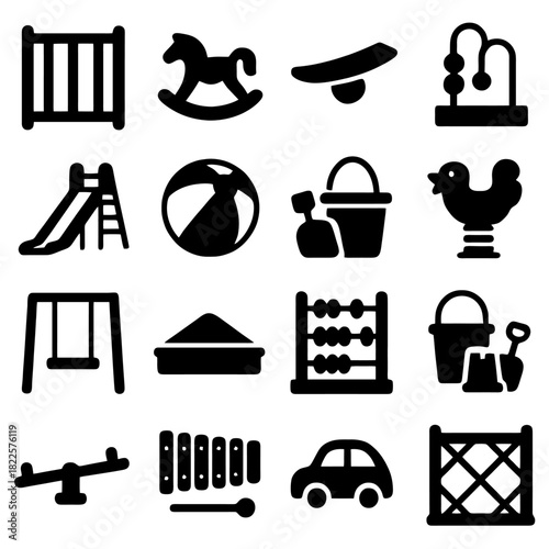 Playtime Treasures: A collection of simple black silhouette icons of beloved children toys and playground equipment