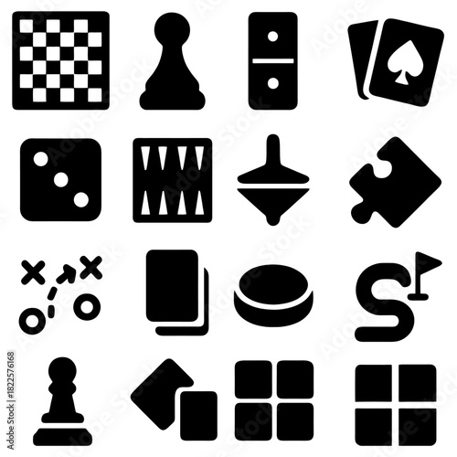 Board Game Icons: A collection of simple, black and white game icons, evoking classic fun, entertainment, and intellectual challenges, a diverse range of games to choose from.
