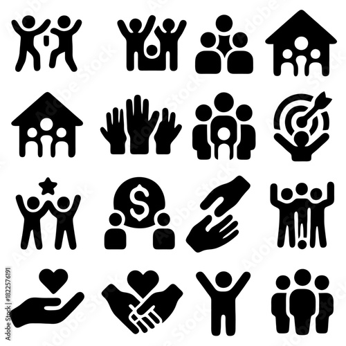 Community Icon Collection: A set of clean, minimalist icons that capture the essence of community, from togetherness and support to goals and shared values.