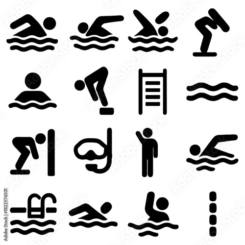 Swimming Icons: A collection of dynamic icons captures the essence of aquatic motion, perfect for conveying swimming concepts with clarity and impact. 