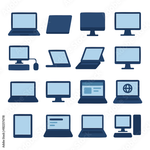 Digital Device Collection: A collection of various digital device displays in flat, minimalist designs. showcasing modern technology and computing. 