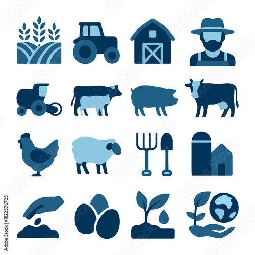Farm Life: A collection of icons captures the essence of rural life, from the farmer's hard work to the bounty of the harvest, symbolizing a connection with nature.