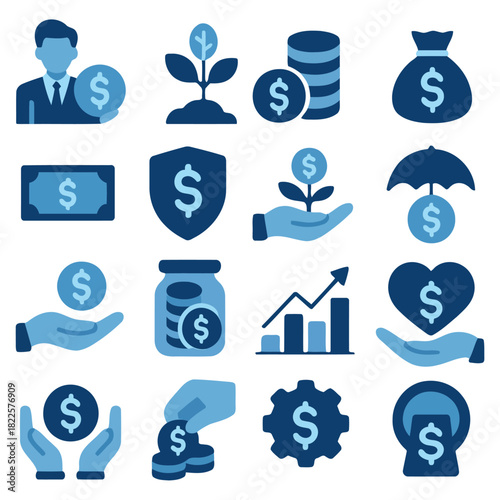 Financial Icon Array: A collection of various financial icons, including currency, investment growth, protection, and money-related symbols, designed in a clean, contemporary style.