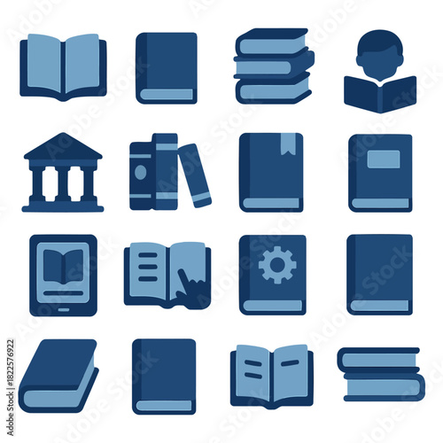 Reading Icons: A set of blue book icons, representing a diverse range of knowledge, learning, and literary pursuits. Capturing the essence of education, reading and knowledge