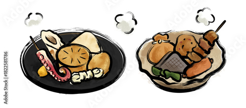 おでん（お皿に盛り付け）の筆書き墨絵ベクターイラスト