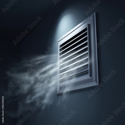 Cold air flow from wall vent creating visible breeze and soft particles in dim interior lighting