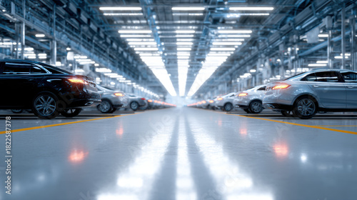 Modern automotive factory floor with rows of new cars, bright lighting, and reflective surface, showcasing advanced manufacturing technology