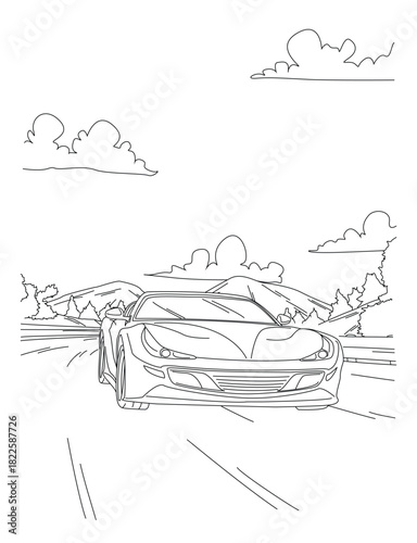 Sports Car Driving on Open Road – Line Art Illustration