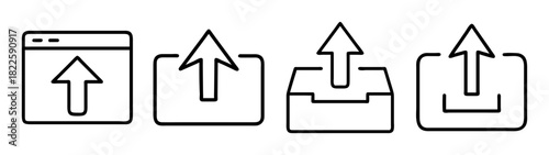 Upload icons set line art vector symbols for data transfer, file upload, document sharing, and cloud storage