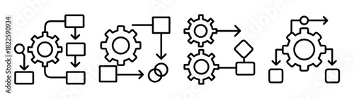 Workflow and process diagram line icons with gears, squares, and arrows for business settings