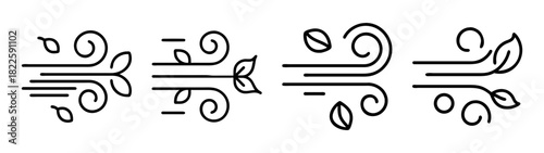 Minimalist line art set of wind and leaf icons, representing natural elements and seasonal changes