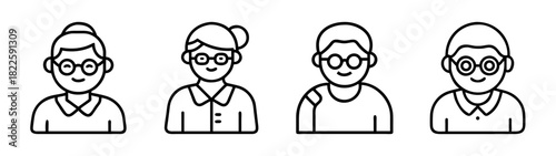Line art illustration of diverse older adults wearing glasses, featuring two women and two men, smiling