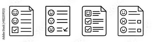 Set of line icons for customer satisfaction survey, feedback, and rating forms with emoji expressions and checkboxes